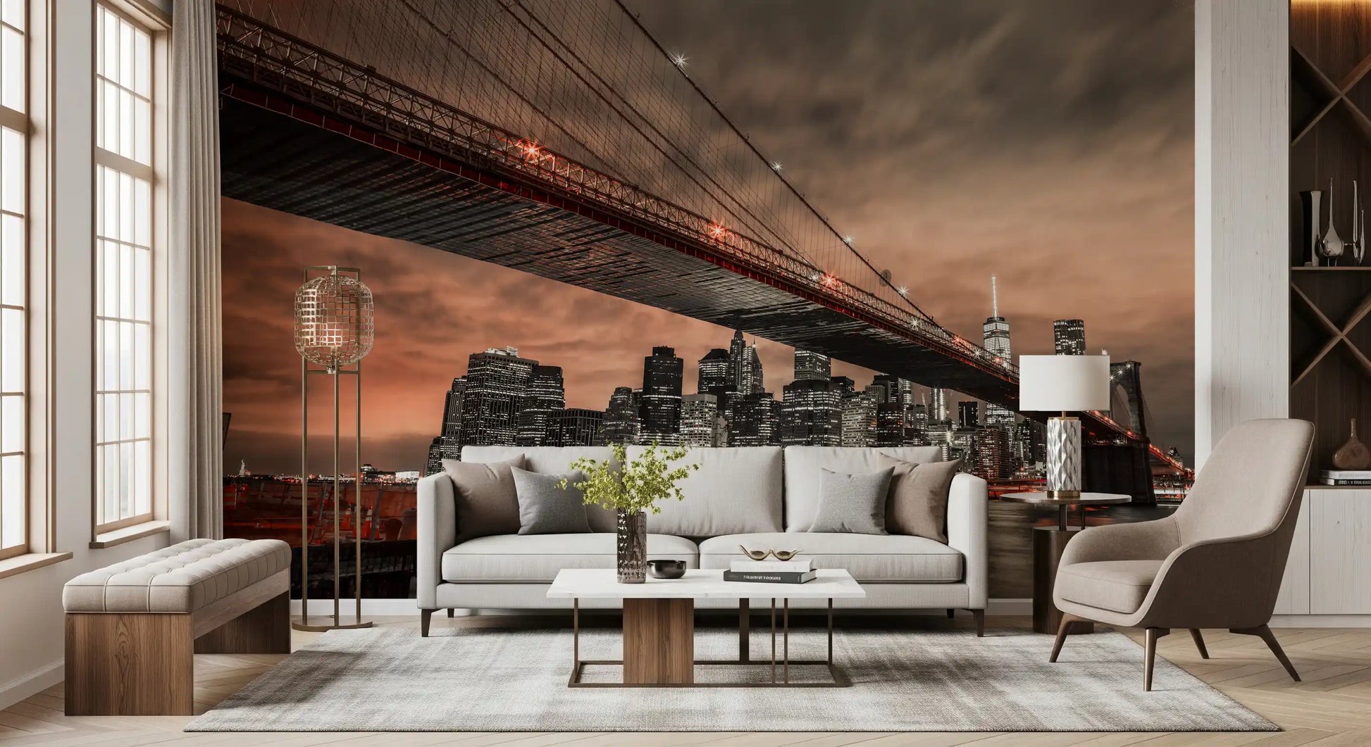 Bridge cables and tall city towers stack in layers, Fiery Cityscape wall mural detail