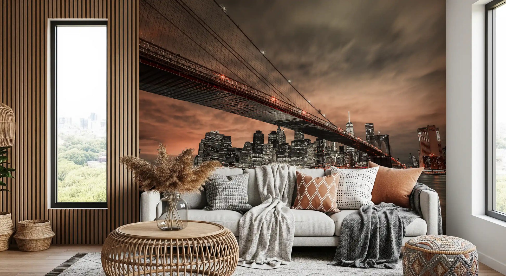 Long suspension cables thin toward a copper sky, Fiery Cityscape wall mural in a lounge