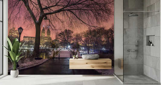 Central Park Winter Twilight wall mural turns the bathroom into a dusk city scene.