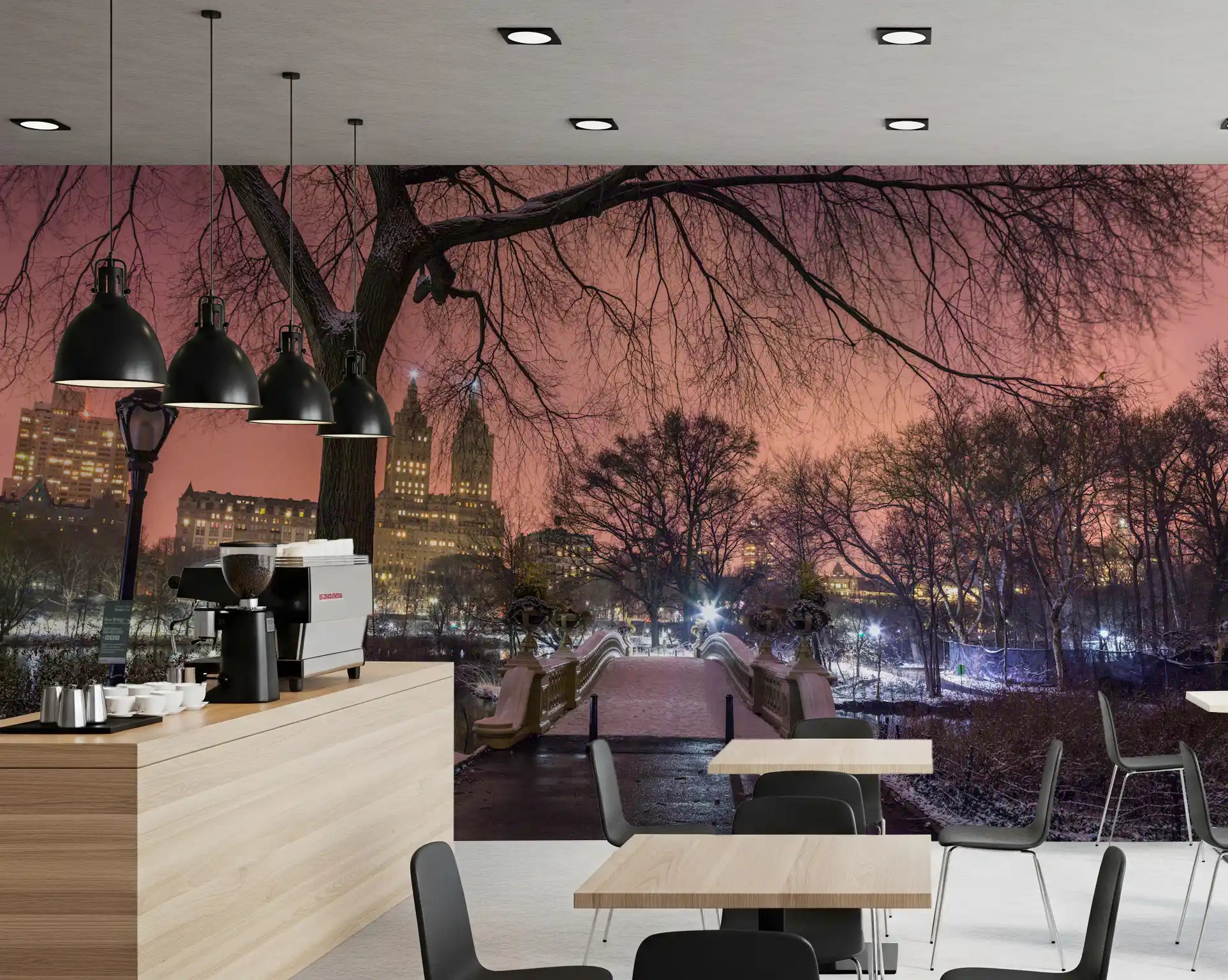 Rose-pink dusk stretches behind bare elms in this Winter Twilight wall mural piece.