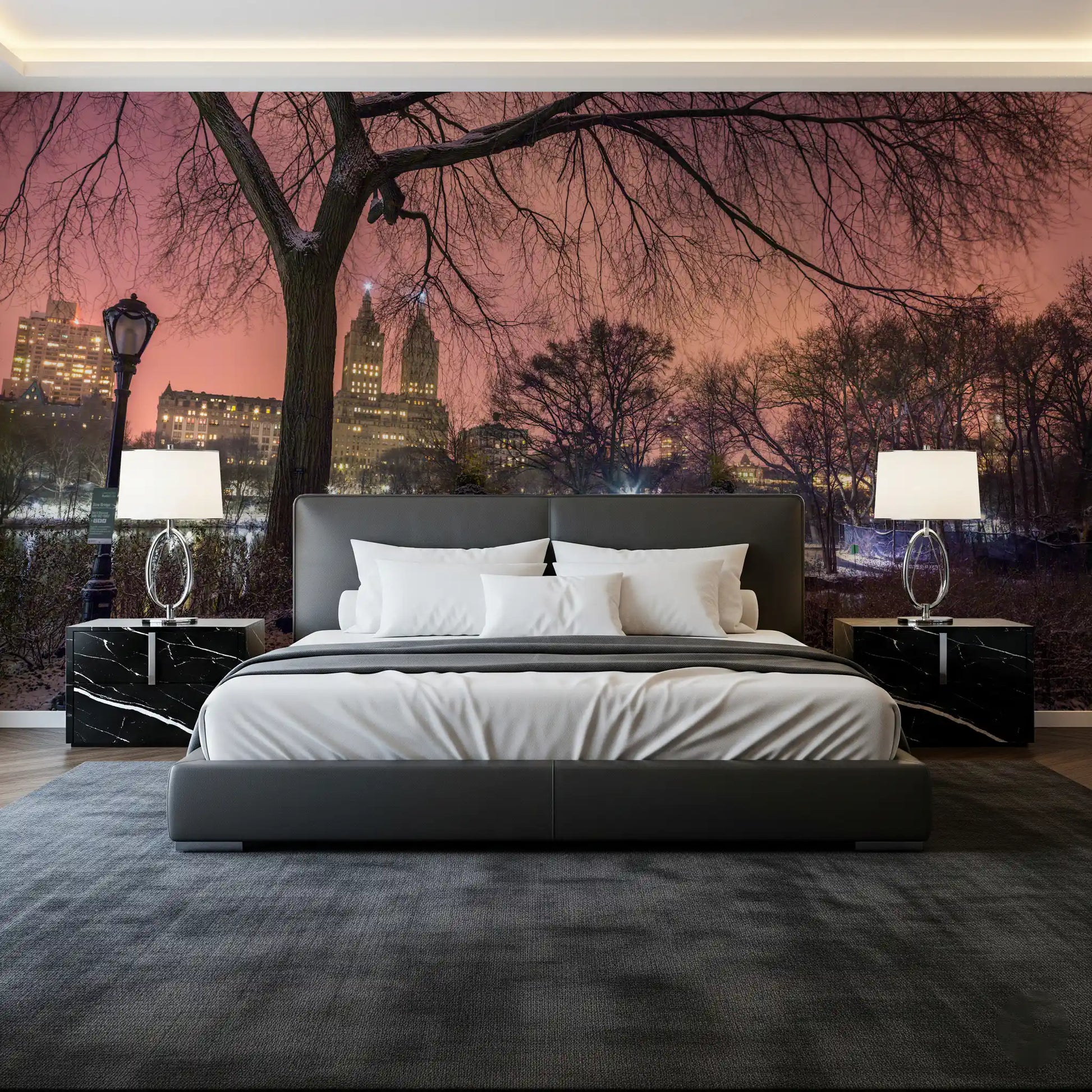 December evening Bow Bridge view sets the Bedroom in Central Park wall mural.
