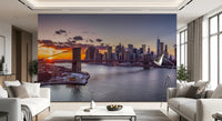 Cool evening tones around NYC Sunset Grandeur wall mural quiet a Living room for rest.