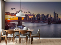 Warm dusk glow from NYC Sunset Grandeur wall mural lights a dining room nicely.