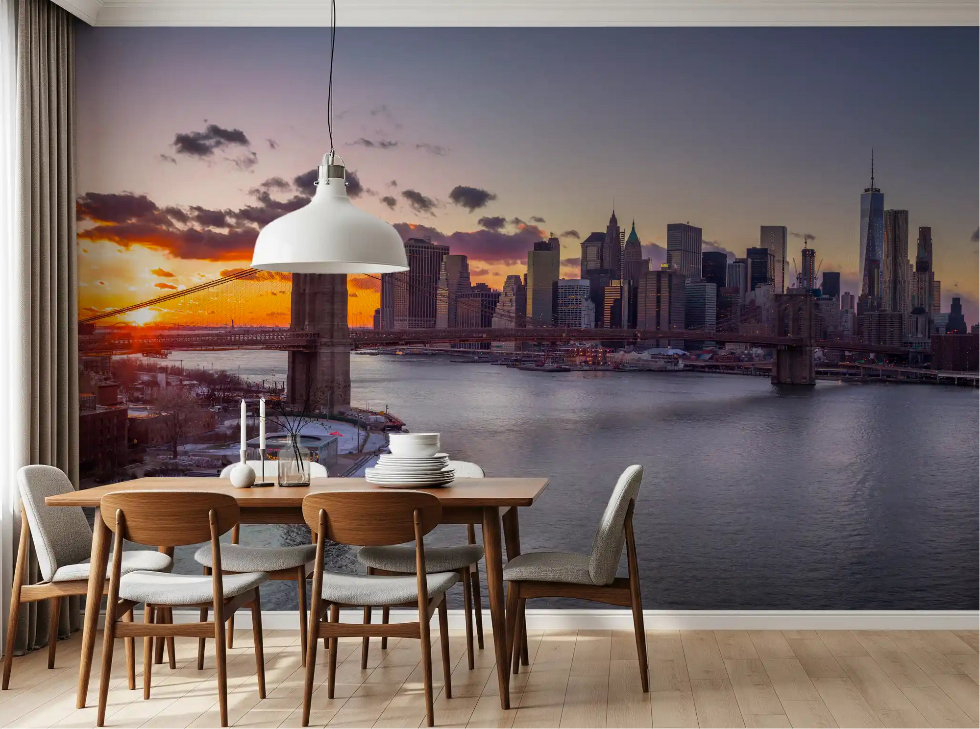 Warm dusk glow from NYC Sunset Grandeur wall mural lights a dining room nicely.