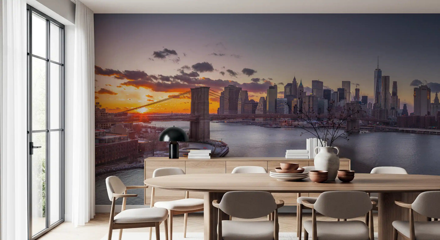 Tall skyscrapers and river fill NYC Sunset Grandeur wall mural inside a dining room.