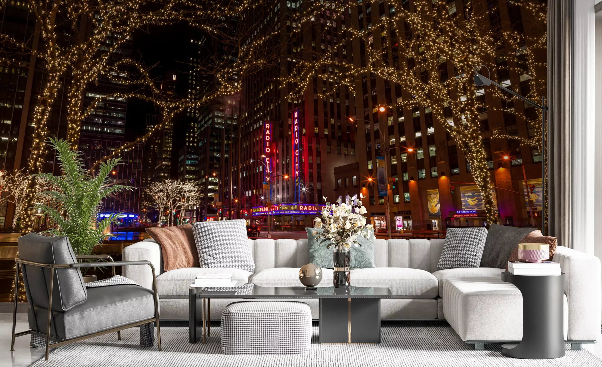 Radio City Night Glow wall mural lights a quiet living room with red marquee shine