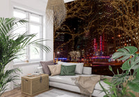 Crimson neon under the Radio City Night Glow wall mural greets an entryway space