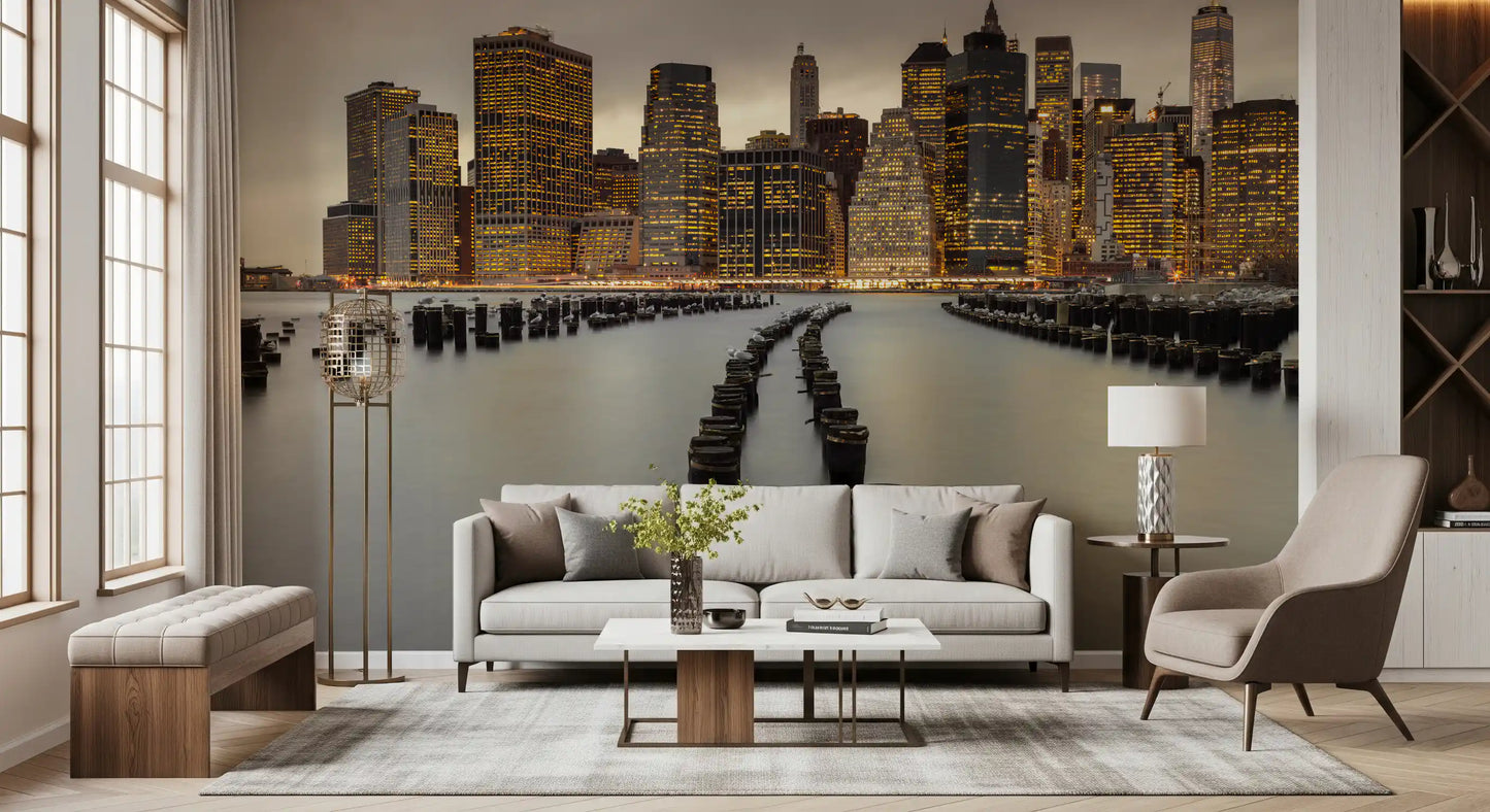 Living room quiet meets Manhattan evening in the NYC Urban Glow wall mural arrangement
