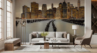 Living room quiet meets Manhattan evening in the NYC Urban Glow wall mural arrangement