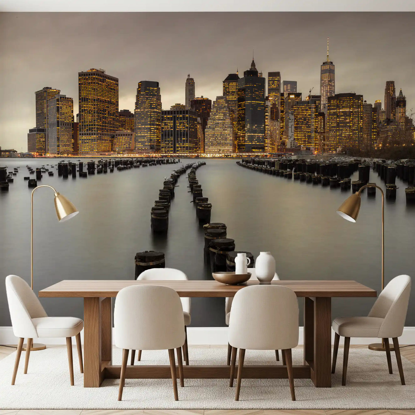 NYC Urban Glow wall mural lights up a dining room with Manhattan dusk