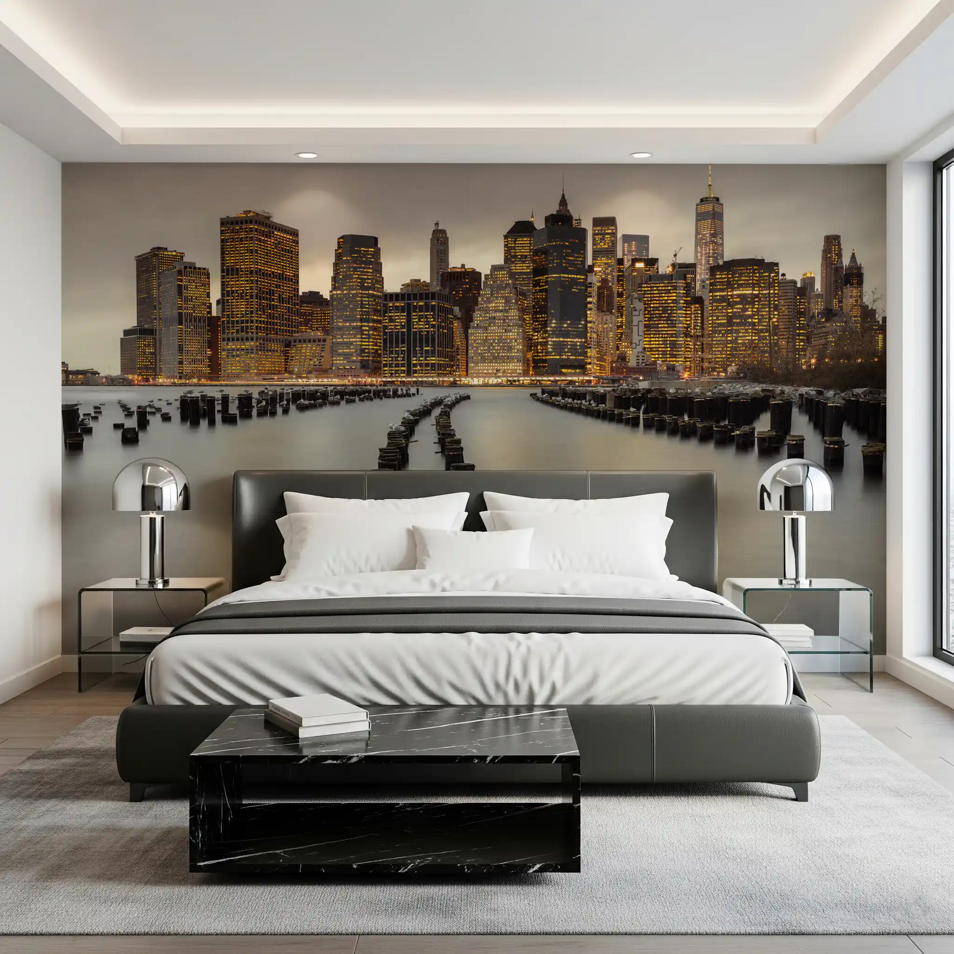 Cityscape light spreads through a Bedroom via the NYC Urban Glow wall mural feature
