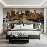 Cityscape light spreads through a Bedroom via the NYC Urban Glow wall mural feature