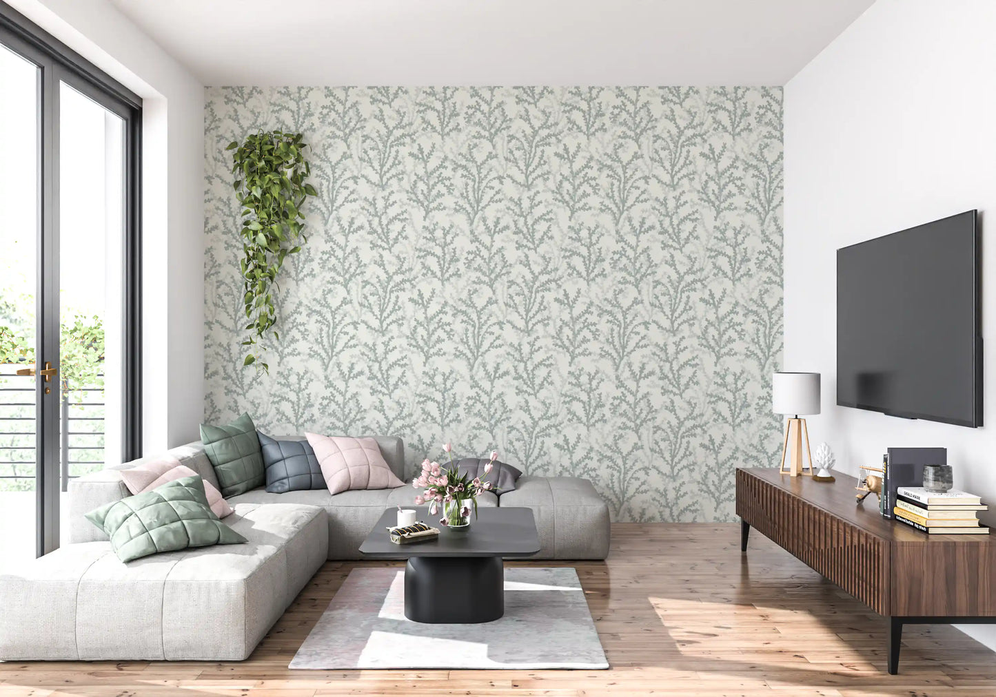 Each leaf cluster sits at a different opacity in this Painted Coraline wallpaper detail.
