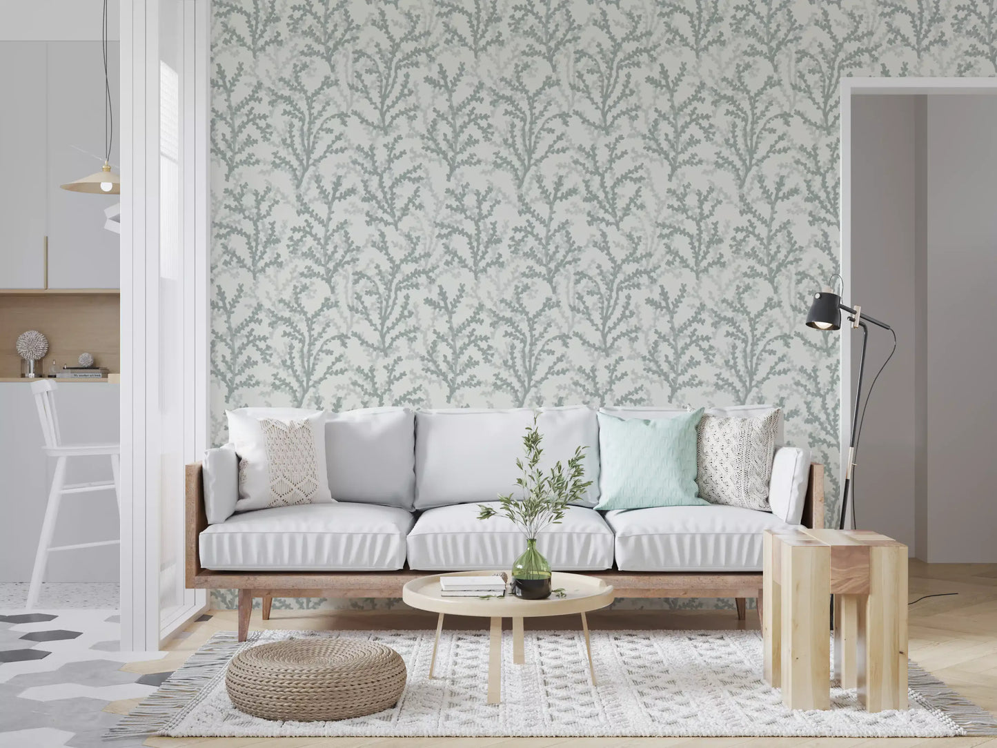 Tall slender branches calm a living room in this Painted Coraline wallpaper backdrop.