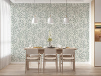 Cool ivory and greenish grey shading reach a Dining room in Painted Coraline wallpaper view.