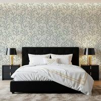 Painted Coraline wallpaper guides the Bedroom with watercolour branches and ivory base.