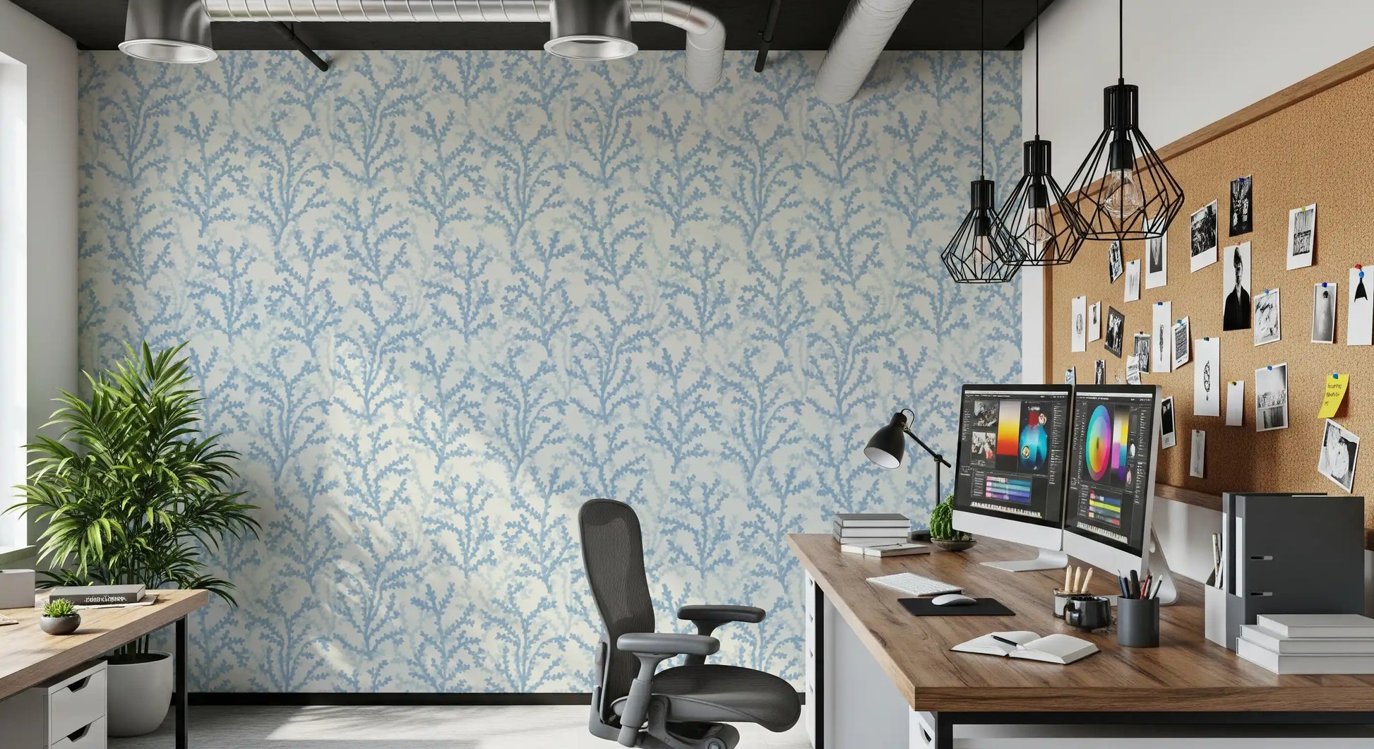 Cream meets navy and azure across the Painted Coraline Dreaming Blue wallpaper surface.