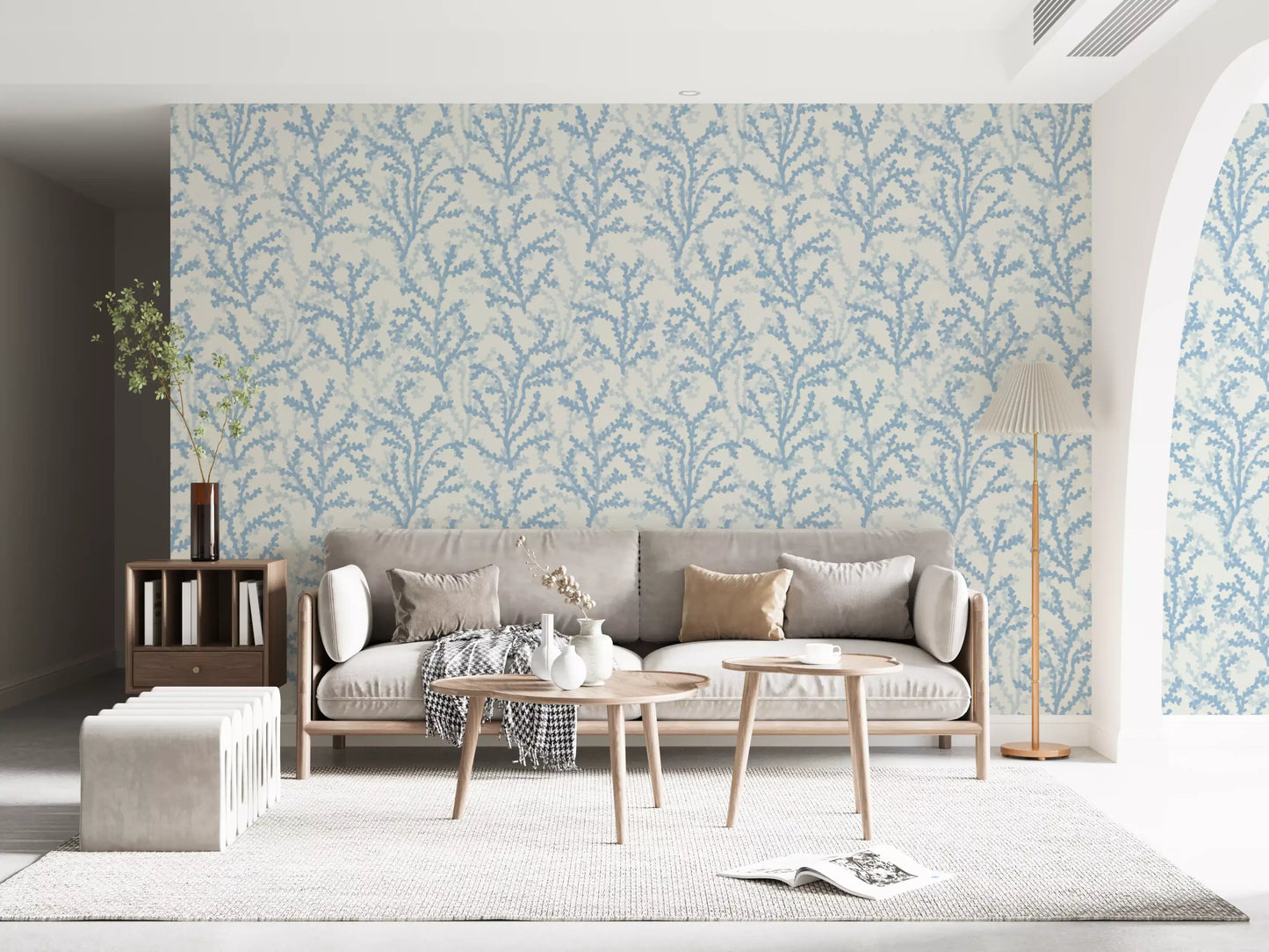 Watery branches in Painted Coraline Dreaming Blue wallpaper freshen a Living room .
