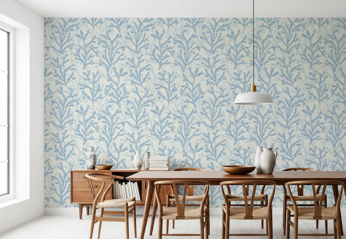 Painted Coraline Dreaming Blue wallpaper detail shows watercolour coral strokes on cream.