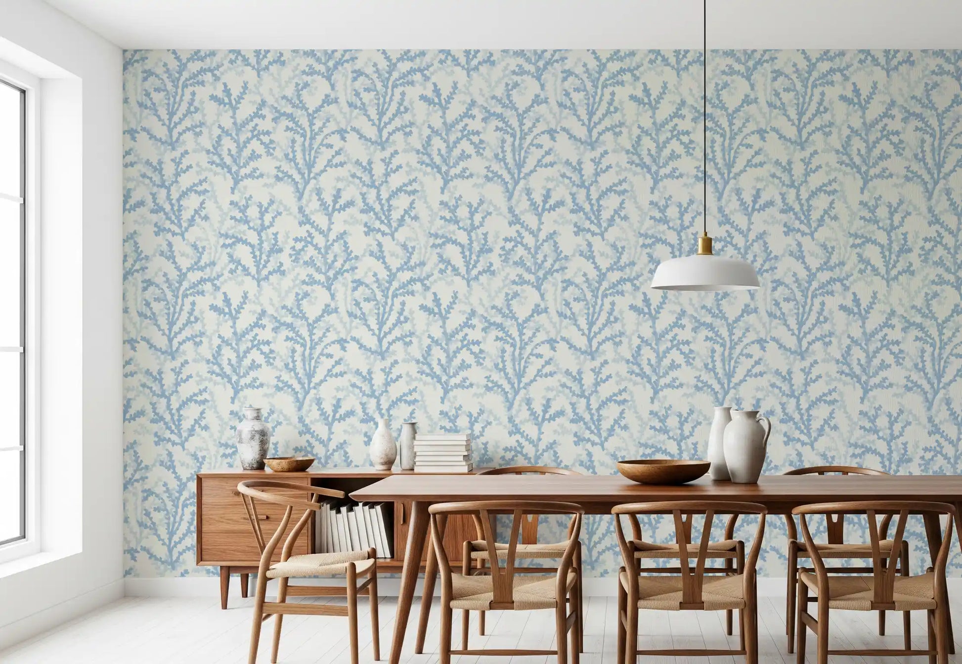Painted Coraline Dreaming Blue wallpaper detail shows watercolour coral strokes on cream.