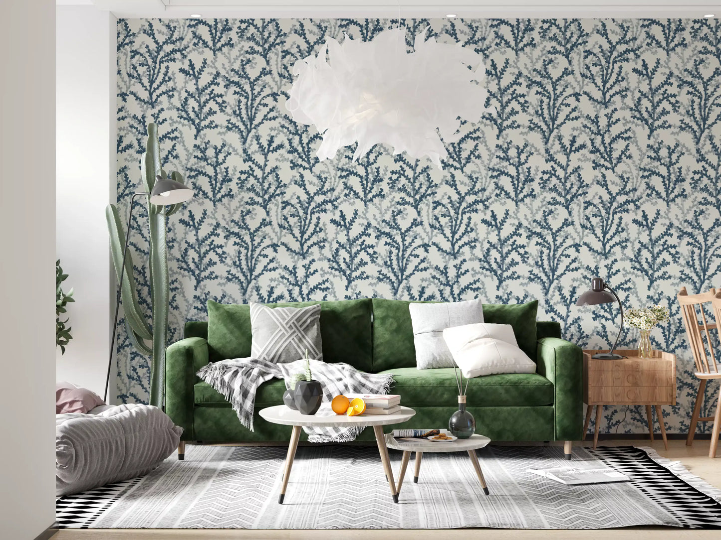Two layers of branches build up in the Coraline Teal wallpaper field