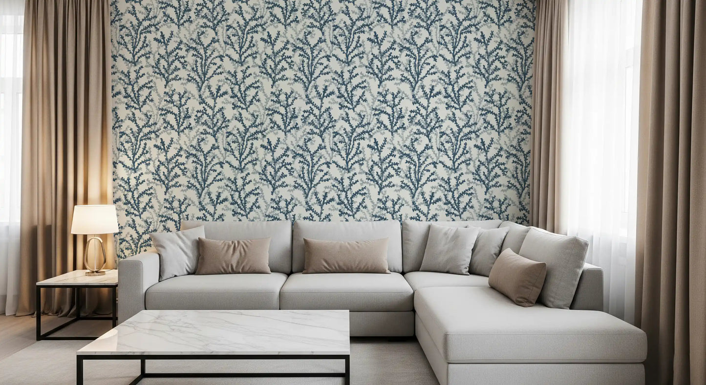 Brushed teal and silver sprigs spread across the Coraline Teal wallpaper face