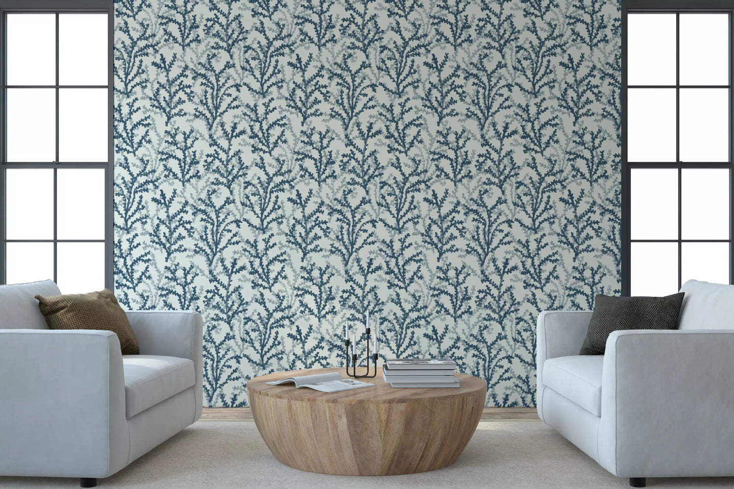 Tall stems of Painted Coraline Teal wallpaper lift a lounge into a calm botanical mood