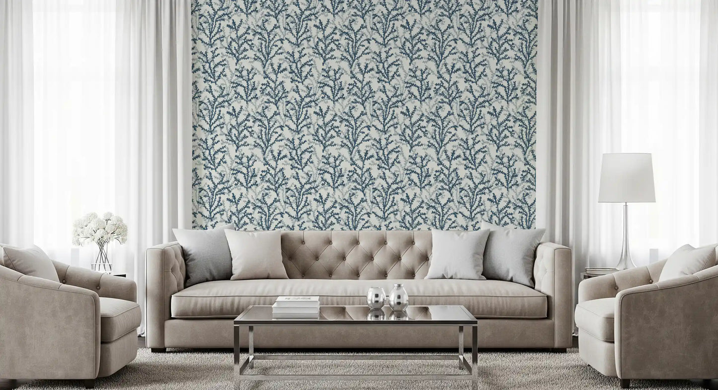 Slate sprigs and indigo stems frame a Living room the Coraline wallpaper repeat