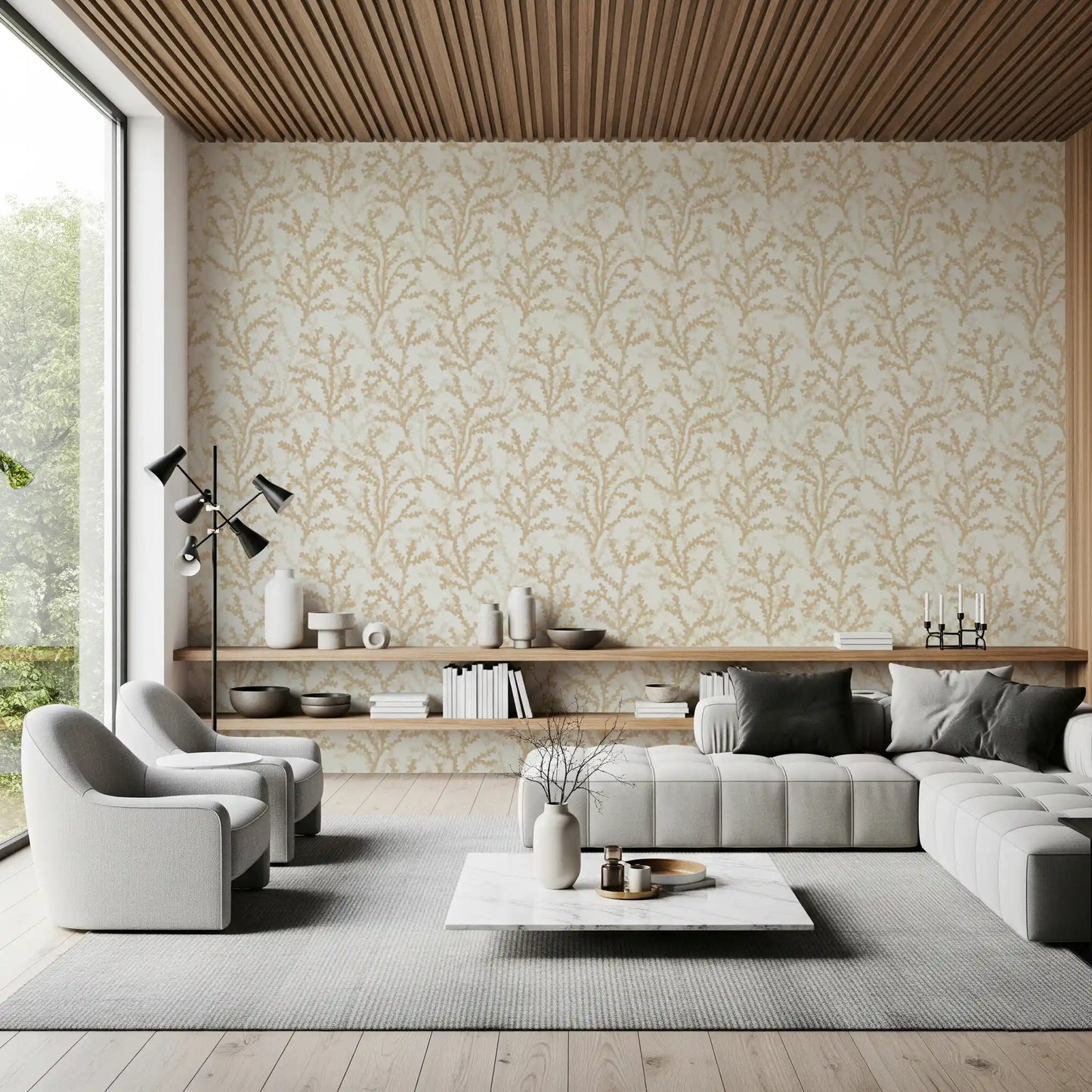 Modern Living room setups incorporate the subtle Sand wallpaper pattern.