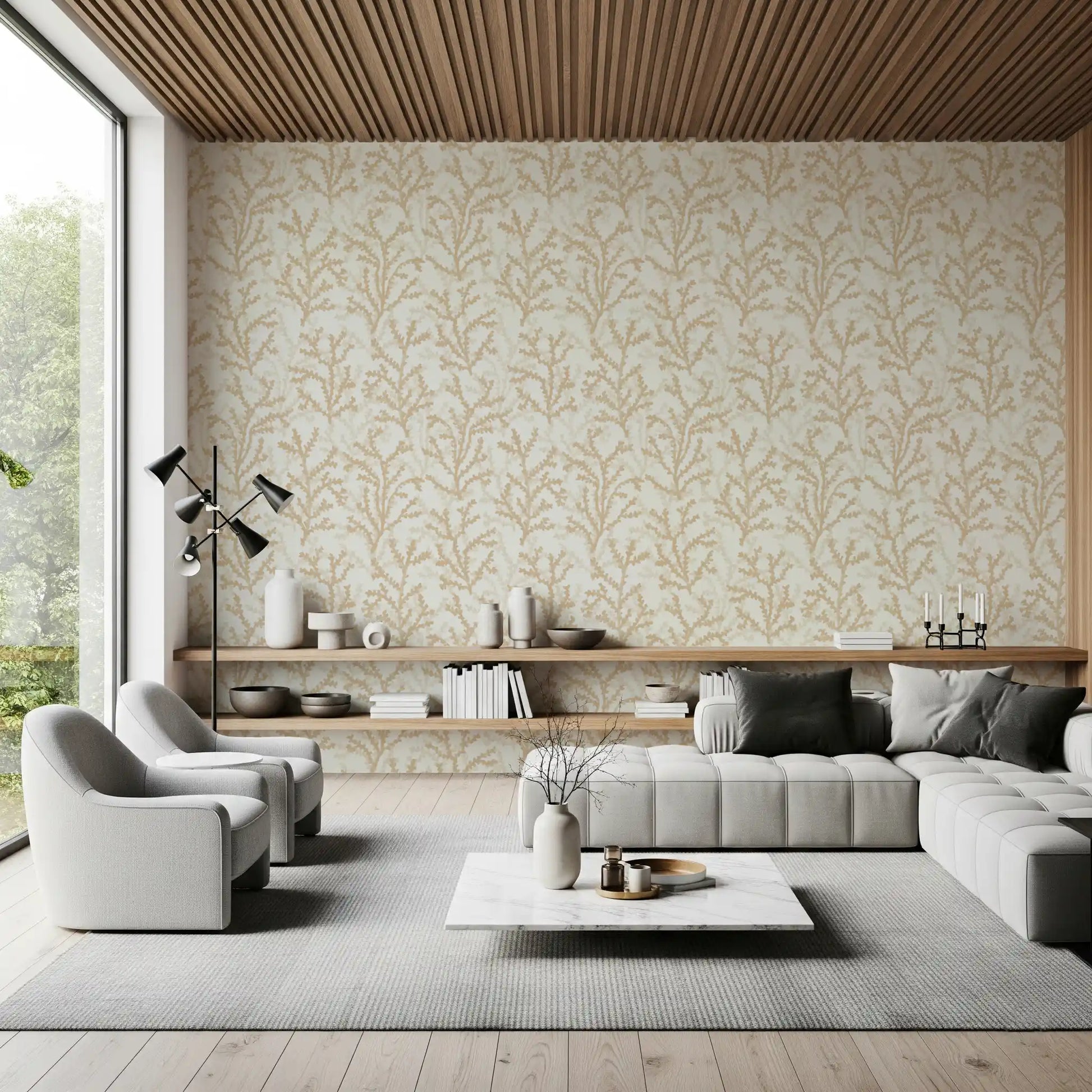 Modern Living room setups incorporate the subtle Sand wallpaper pattern.