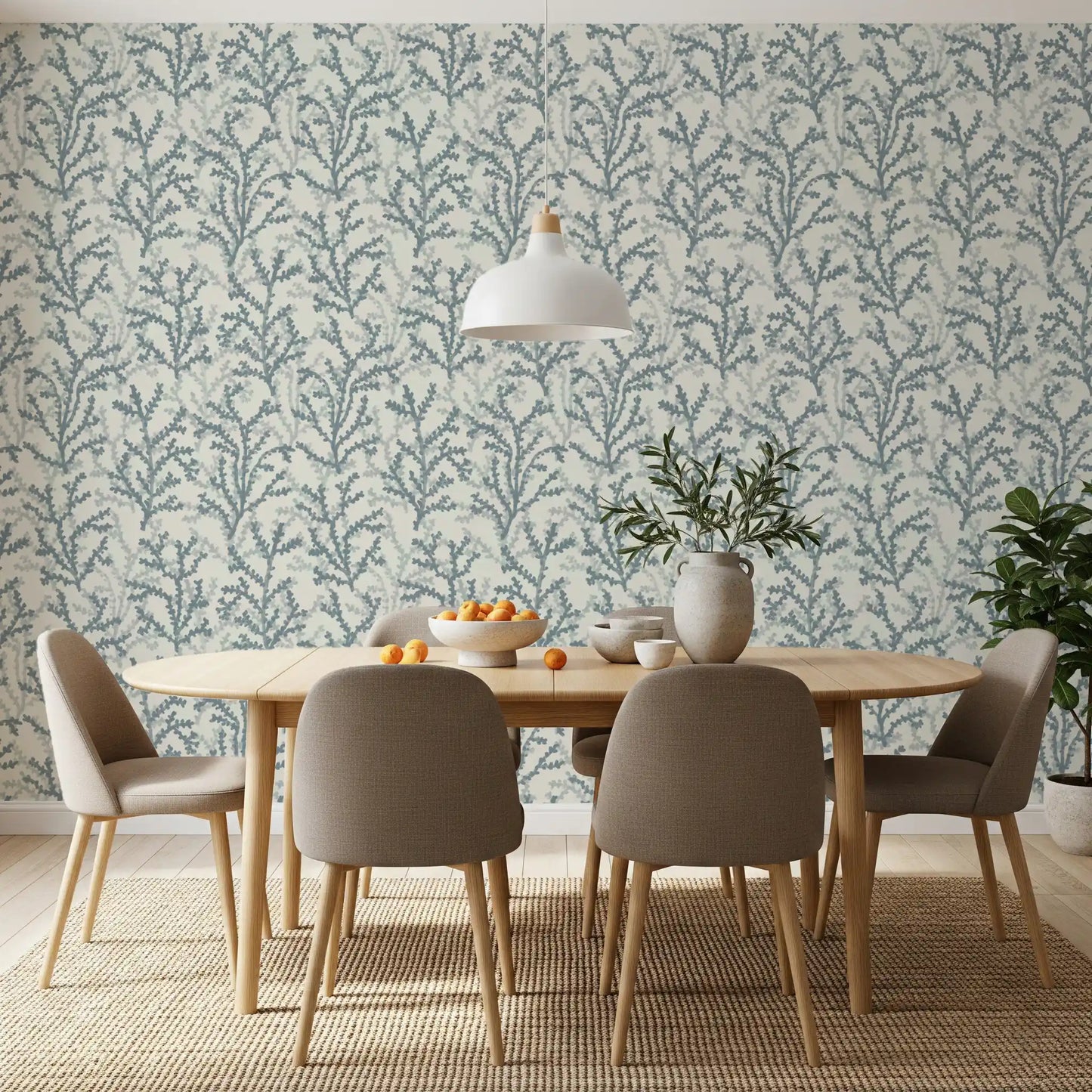 aquatic fronds outline the Painted Coraline Slate Gray wallpaper structure.