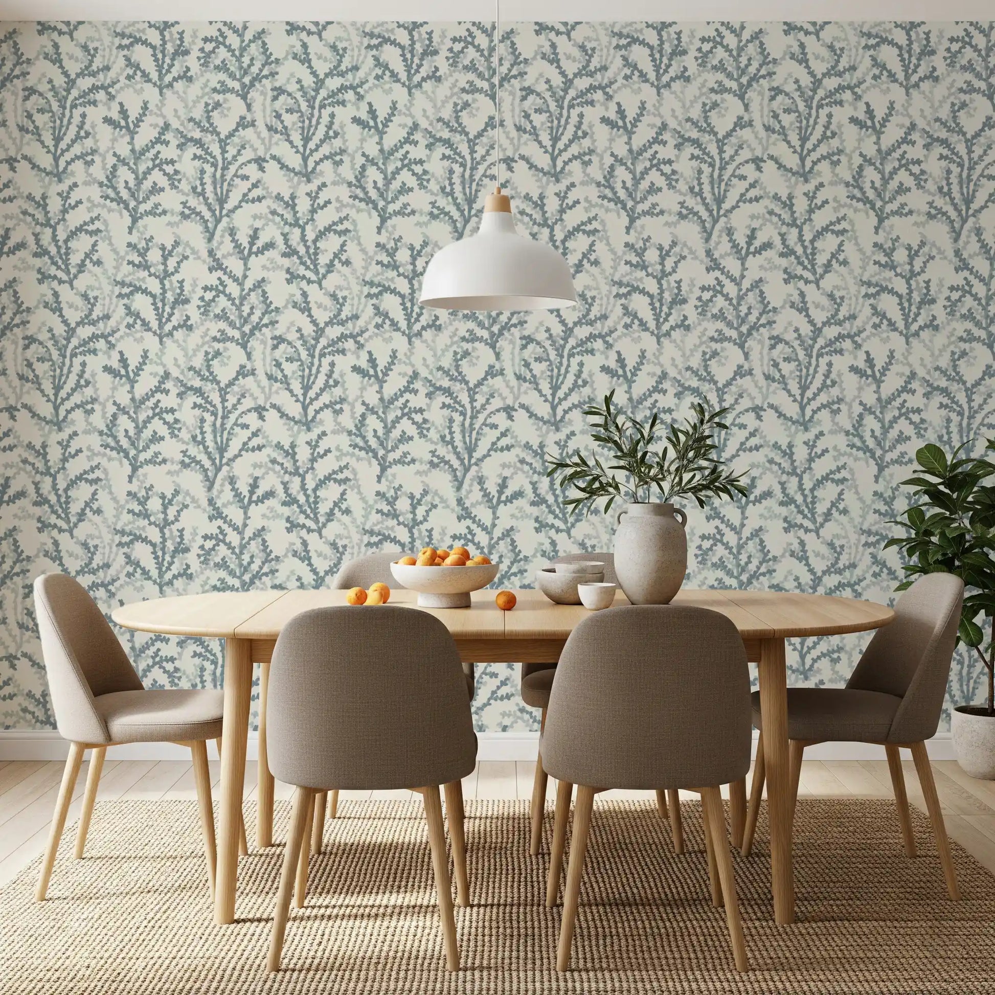 aquatic fronds outline the Painted Coraline Slate Gray wallpaper structure.