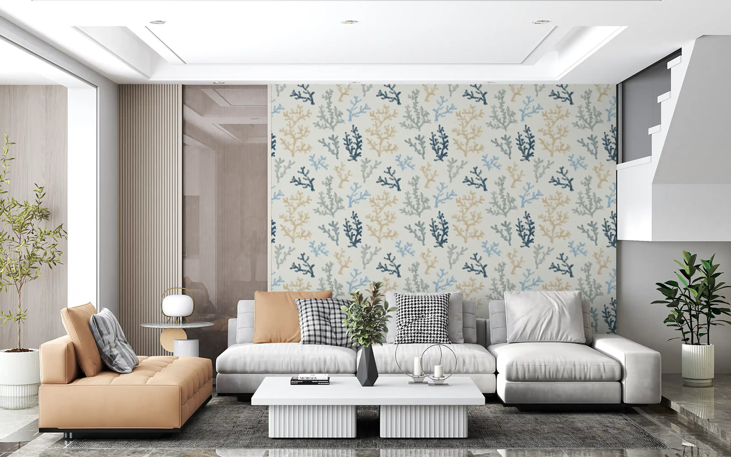 The textured Painted wallpaper a spacious living room featuring timber accents.