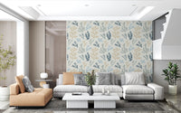 The textured Painted wallpaper a spacious living room featuring timber accents.