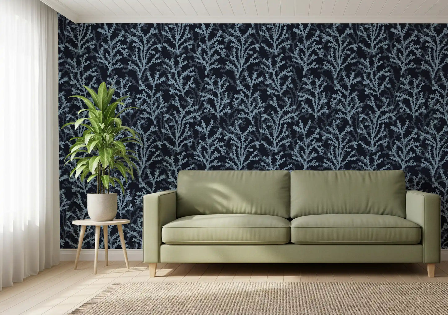 depth emerges from shadowed edges on the Painted Coraline Blue Dark Wallpaper