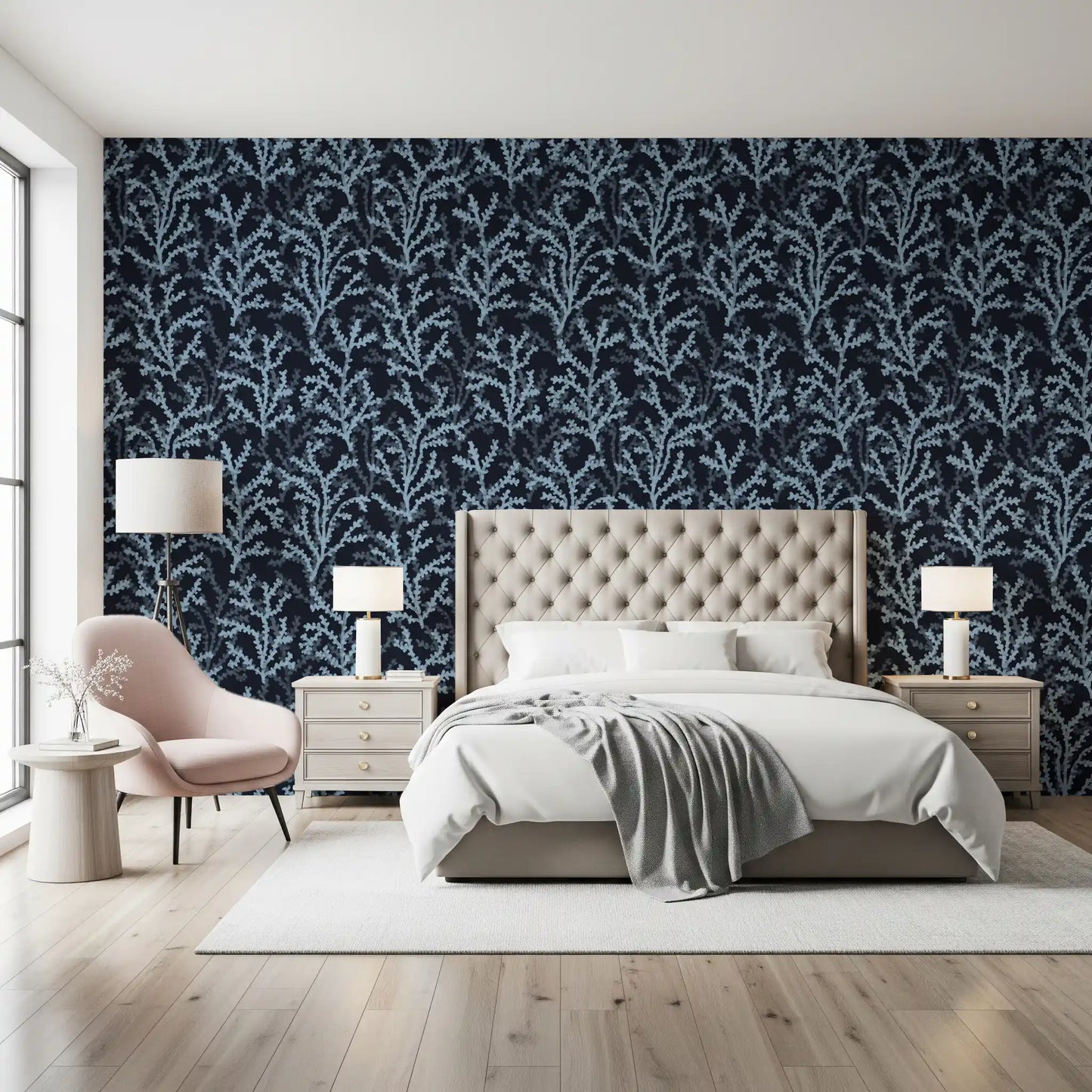 Timber floors pair nicely with the Painted wallpaper inside the Bedroom 