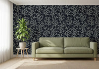 Greenish wallpaper elements stretch across the spacious Living room.