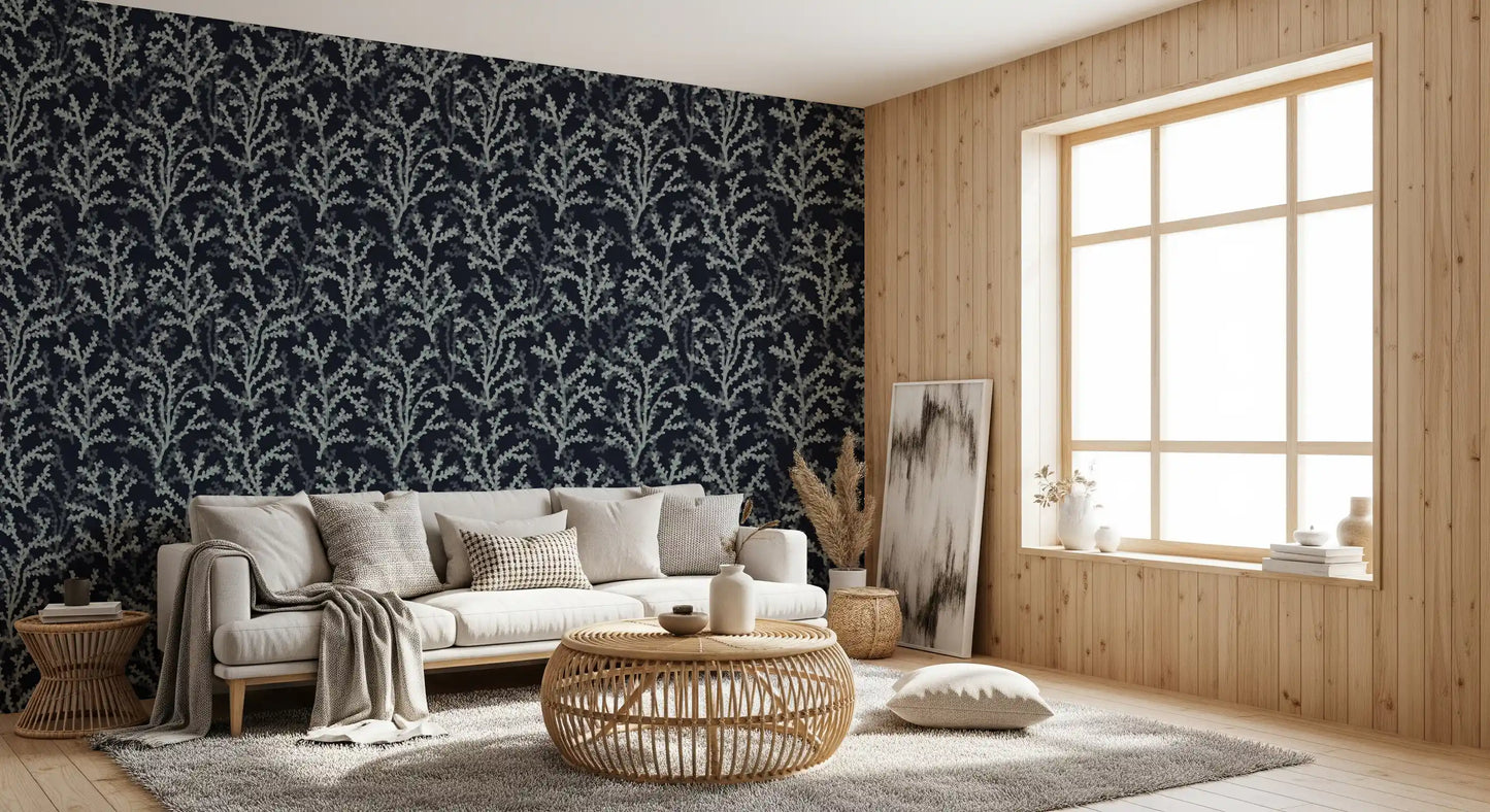 Pale oceanic flora contrasts starkly on Painted Coraline Greenish Grey Dark Wallpaper.