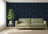 Bright deep teal wallpaper inside a Living room area space 