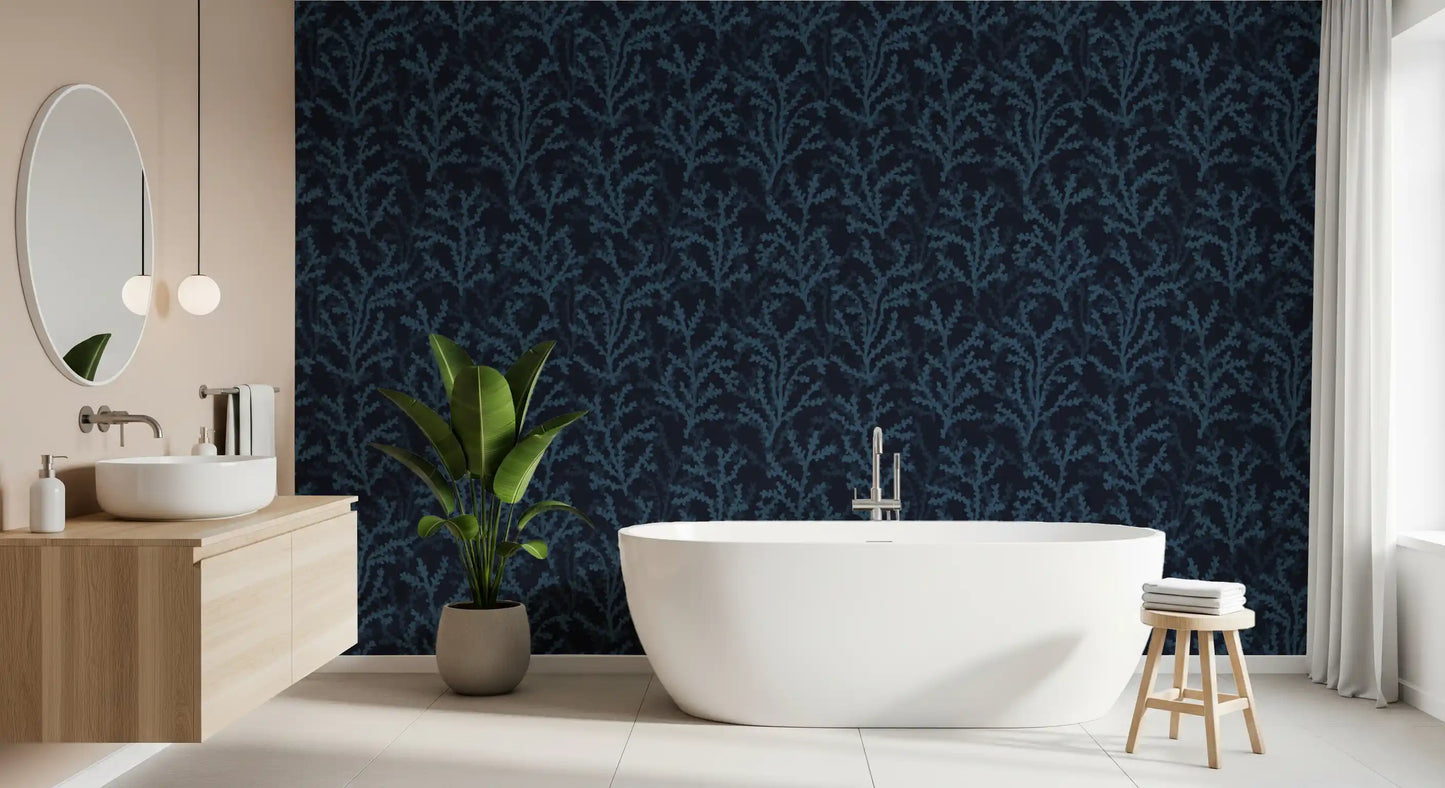 Rich teal botanical shapes stretch over a dark wallpaper canvas.