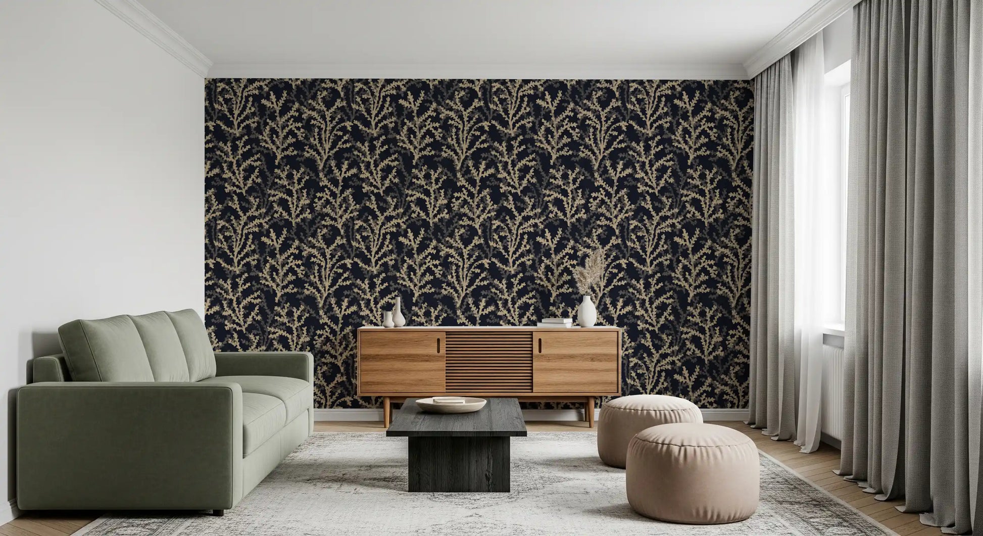 Lounge featuring the Coraline Sand Dark coral branch wallpaper on a full accent area