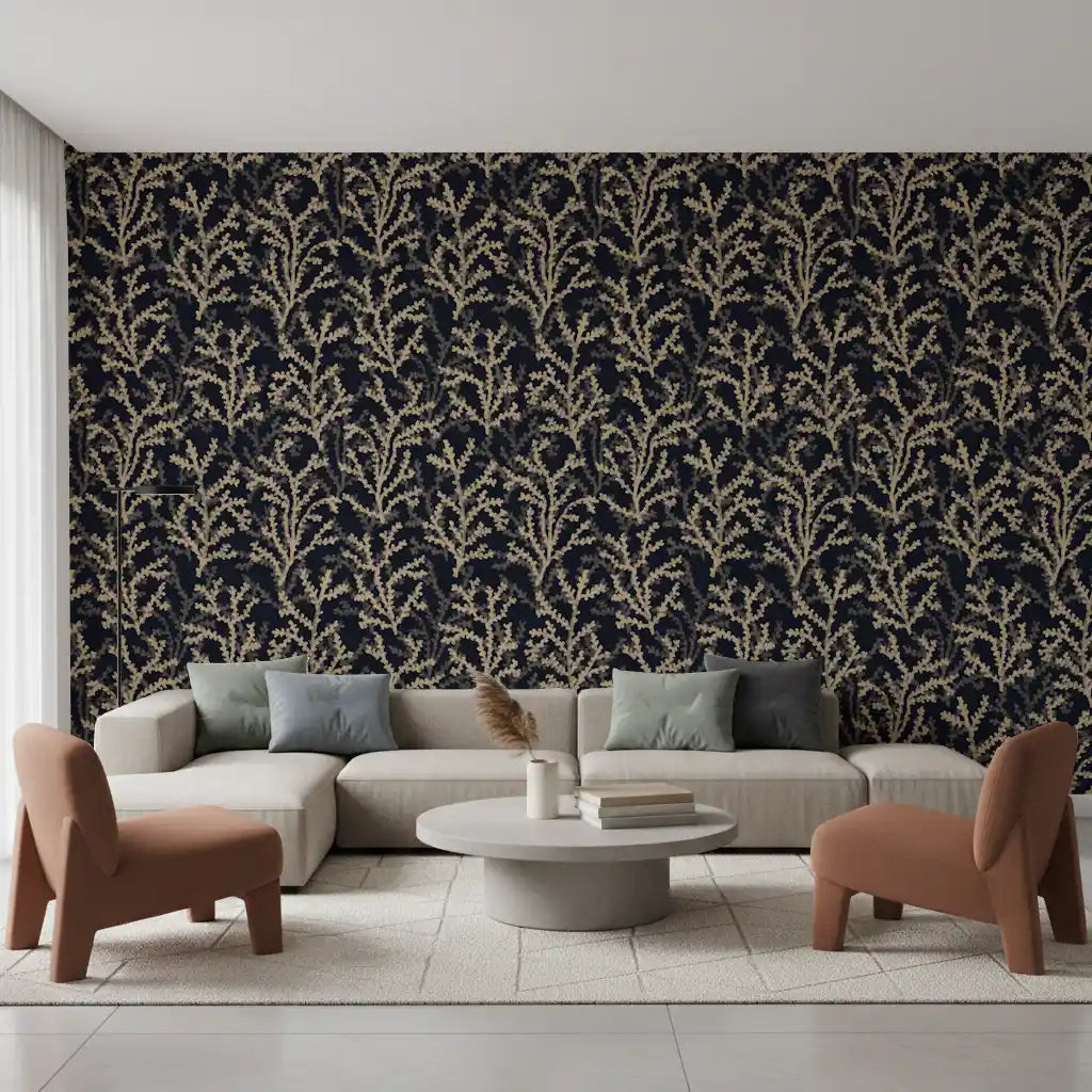 Coraline Sand Dark wallpaper running Living room in deep navy and beige tones