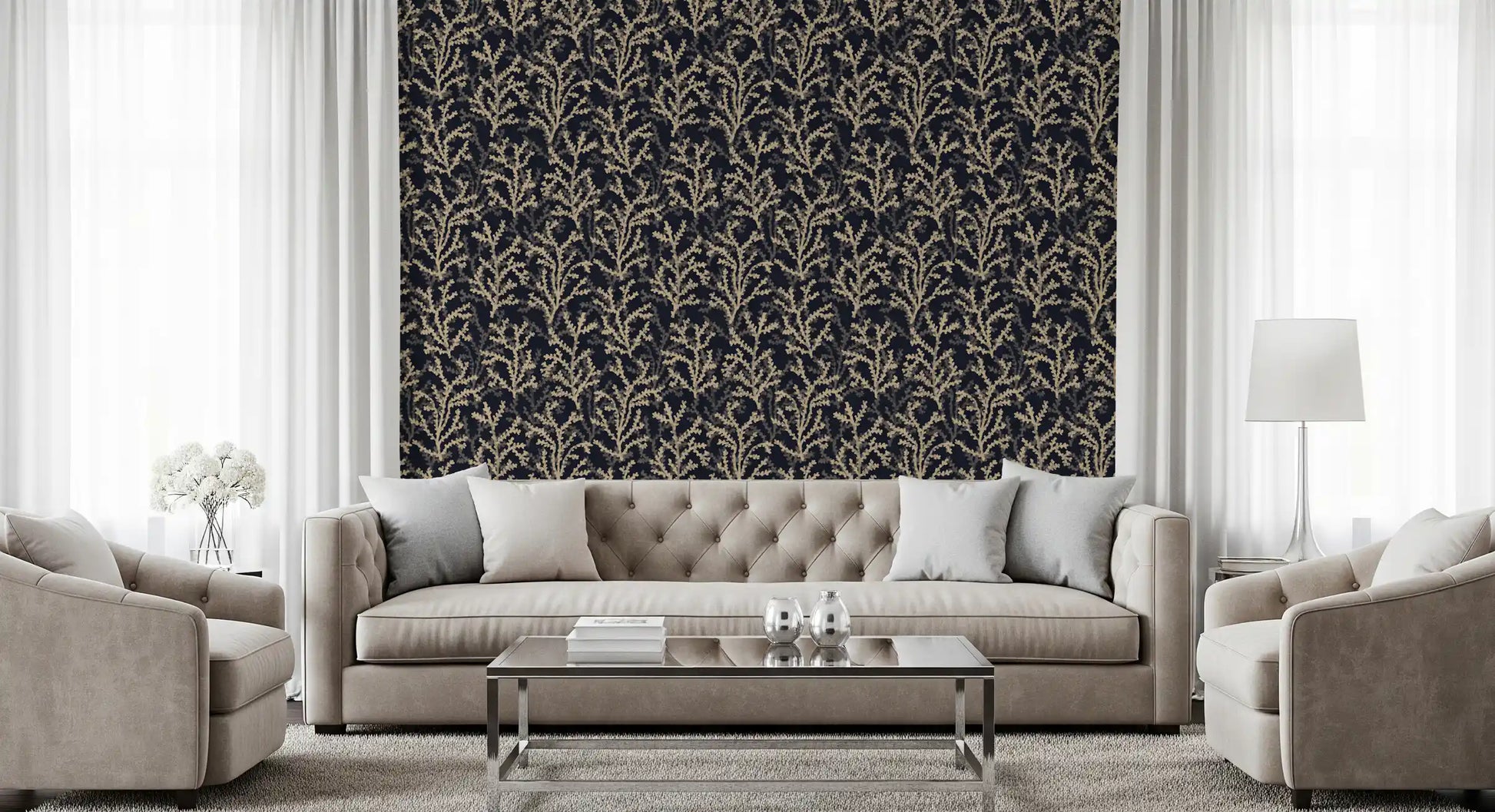 Living room wrapped in Painted Coraline Sand Dark wallpaper with golden reef motifs