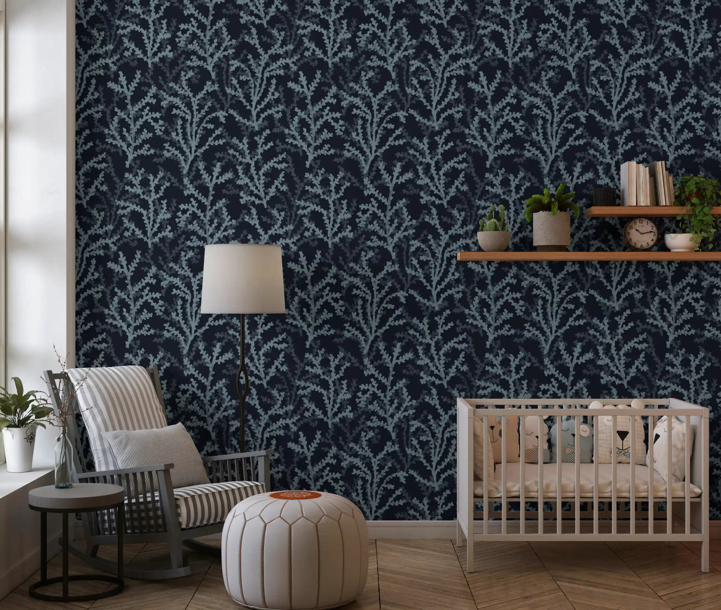 Ocean botanical structures dominate this intricate Dark wallpaper layout.