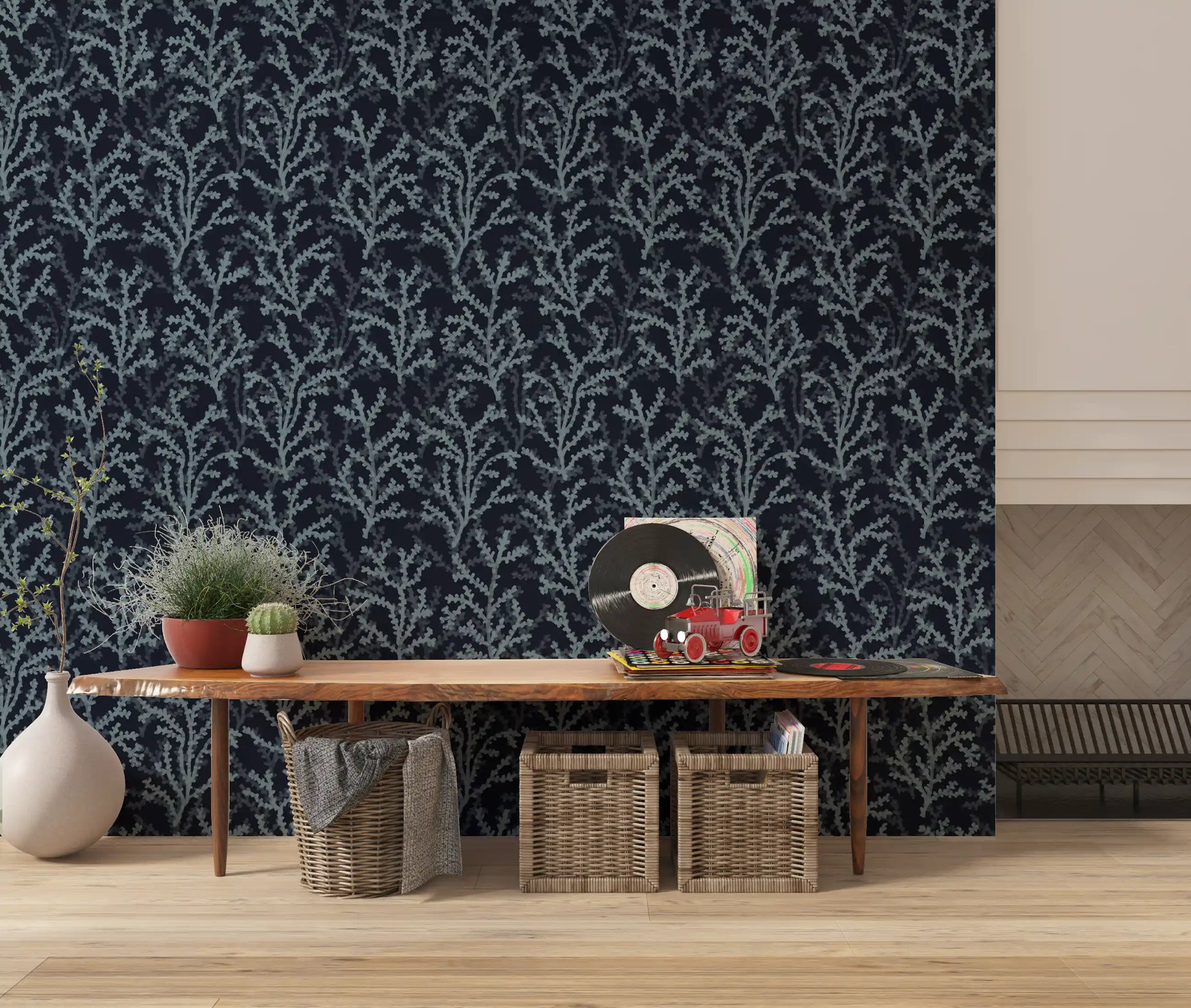 Pale seaweed stems overlap on this Painted Coraline Slate Gray Dark wallpaper.