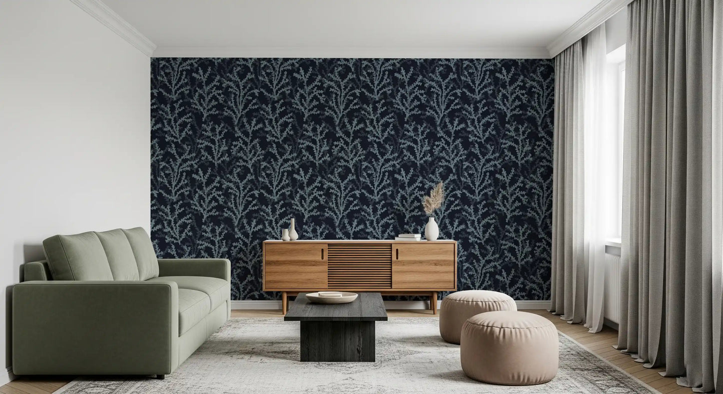 Deep aquatic patterns stretch across this bright living room Coraline wallpaper.
