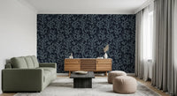 Deep aquatic patterns stretch across this bright living room Coraline wallpaper.