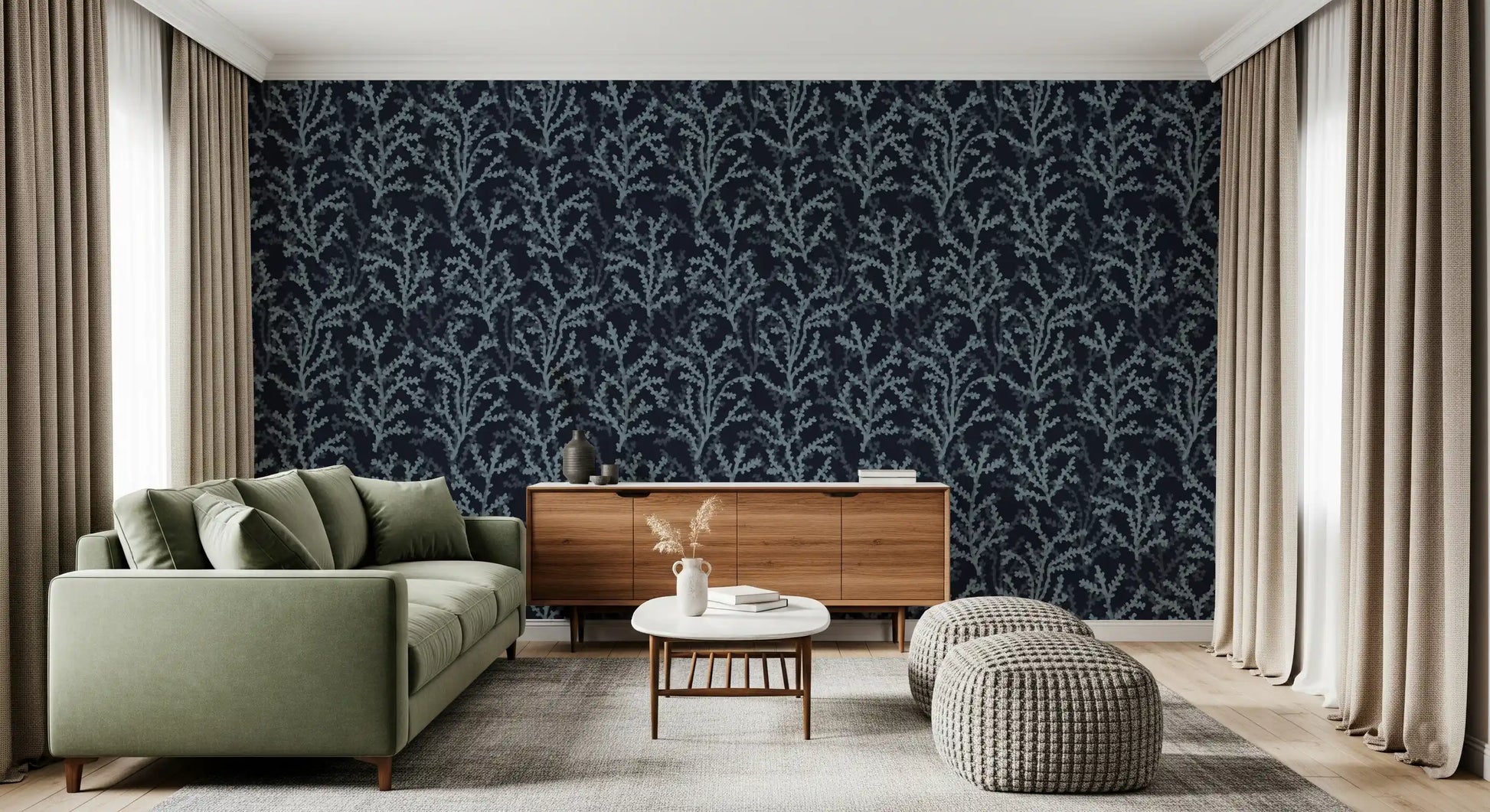 marine branches decorate the Living room Painted wallpaper flawlessly.