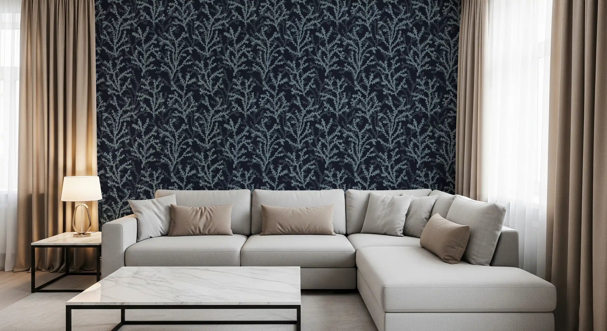 The master Living room displays our Painted Coraline Slate Gray Dark wallpaper.