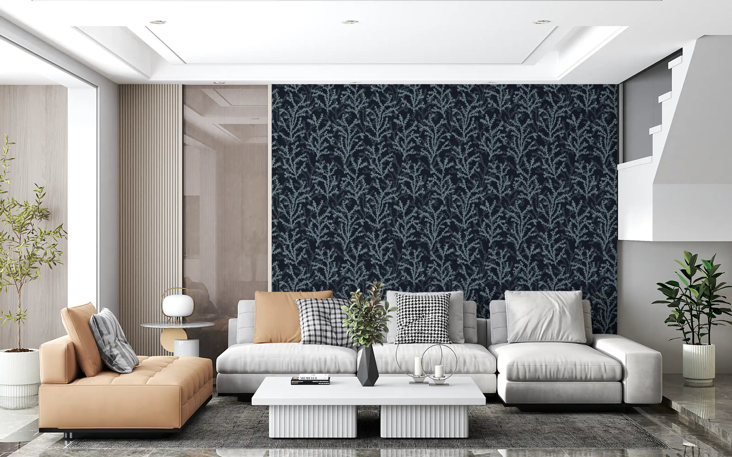 Gentile oceanic visuals complete the Dark wallpaper inside this peaceful Living room.